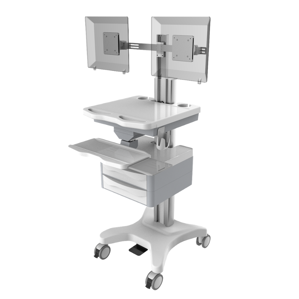 Computer Workstation Medical Cart with Dual Drawers/ Dual Screen Medical Computer Cart Foot Control Carts